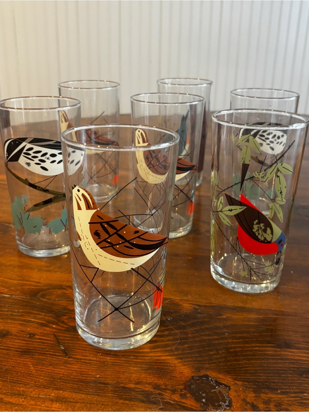 Set of 7 - B&W Warbler Bird Glasses  Vintage Glasses - 20 Oz.